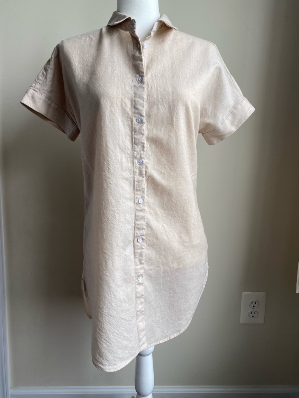 Wool& Merino Wool and Linen Short Sleeve Collared Full Button Mini Dress S Tan